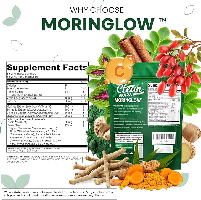 Clean Nutra Moringa Gummies | Pure Moringa Powder Supplement + Ashwagandha Turmeric Spirulina &amp Ginger Energy Skin Immune &amp Gut Health Green Superfood - Moringa Capsules Alternative