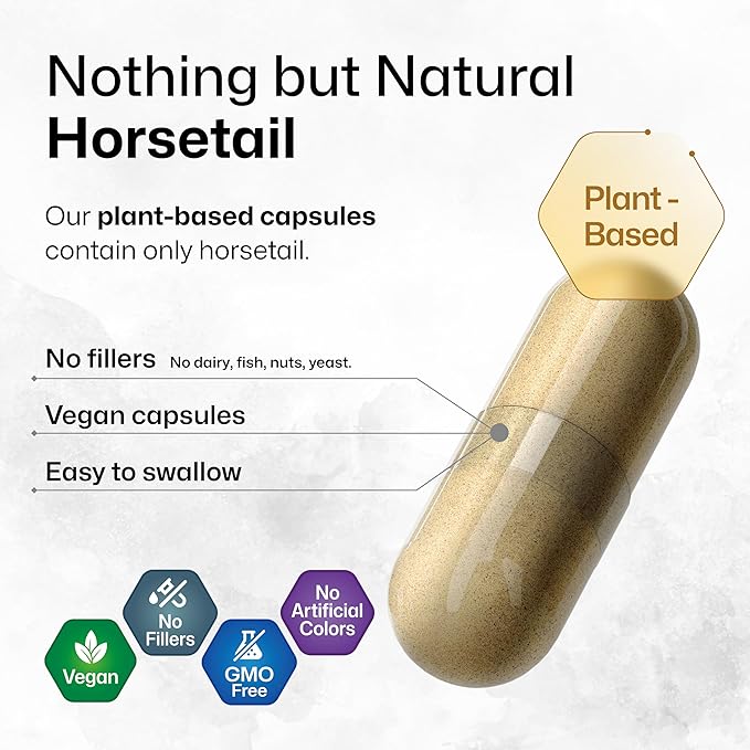 BIO KRAUTER® Horsetail Supplement for Hair Skin &amp Nails - Vegan &amp Pure Horsetail Herb in Capsules 800 mg per Serving 100 Count - Silica Hair Supplement - No Fillers Non-GMO - 50 Days of Supp