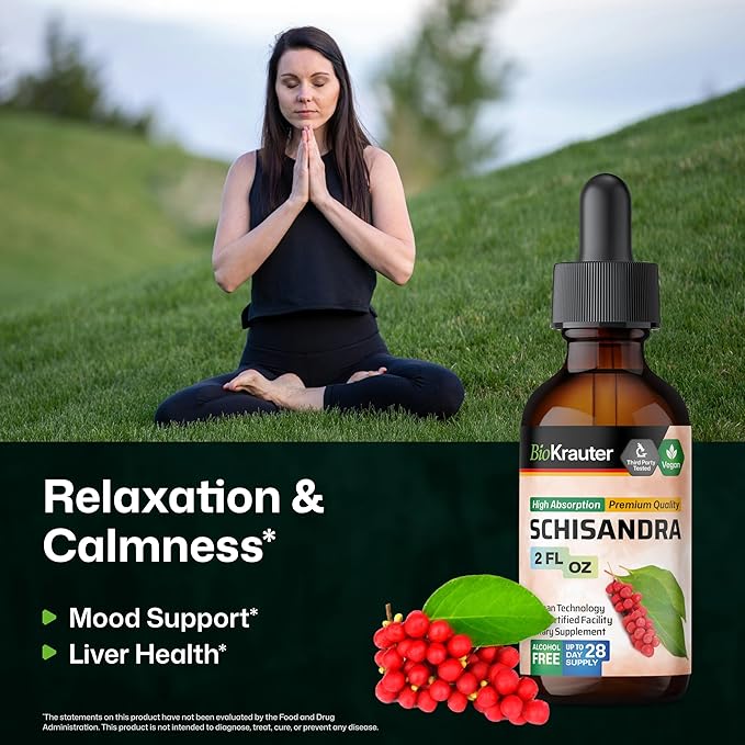 BIO KRAUTER® Schisandra - Liquid Drops Schisandra Berry 650 mg per Serving 2 Fl.Oz 28-Day Supply - Pure Vegan Calm &amp Mood Support Supplement - Alcohol &amp Sugar Free - Natural Calm Drops for Rel
