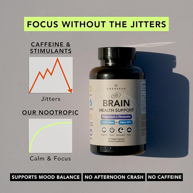 AMANDEAN Nootropic Brain Supplement for Memory and Focus Mental Clarity and Cognitive Function Magnesium L-Threonate (Magtein) Lions Mane and Alpha GPC - (90 Veggie Capsules)