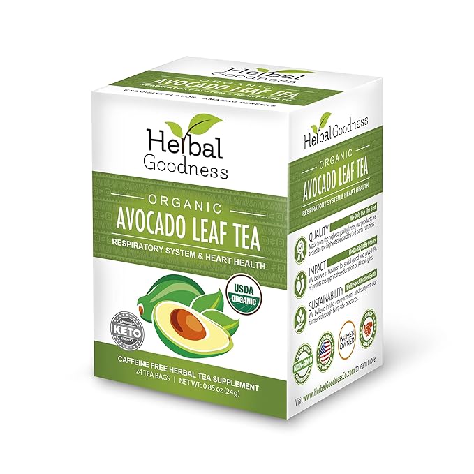Avocado Leaf Tea - Organic Avocado Green Tea Bags Rich in Calcium Nutrient Dense Respiratory &amp Heart Support - 24 Teabags in 6 Packs - Herbal Goodness