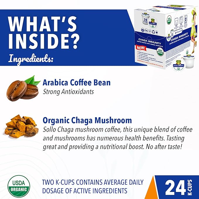 SOLLO Chaga Mushroom Infused Coffee Pods Boost Focus &amp Immunity Memory &amp Clarity Medium Roast Compatible With 2.0 K-Cup Keurig Brewers Organic by USDA No After Taste 24 Ct