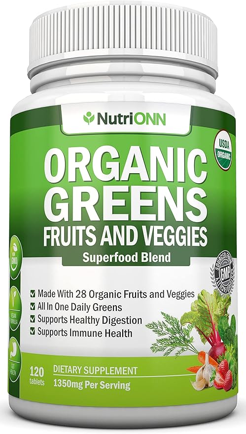 Organic Super Greens Capsules - Fruit And Vegetable Supplements - 120 Count - 28 USDA Organic &amp Vegan Premium Ingredients - Superfood Blend For Immune Health Digestion &amp Energy - Whole Food V