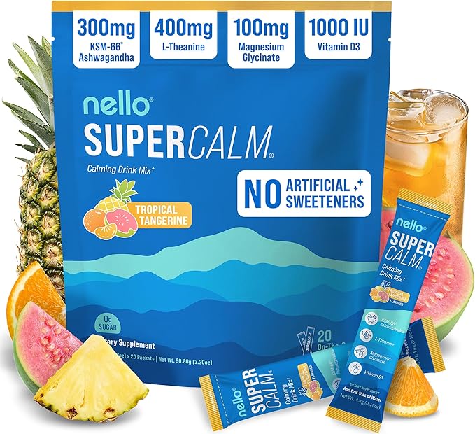 Nello Supercalm Powdered Drink Mix Cortisol Reducer* and Sleep Aid Supplement L Theanine Ksm-66 Ashwagandha Magnesium Glycinate Vitamin D 3 No Sugar Non GMO 20 Ct Tropical Tangerine