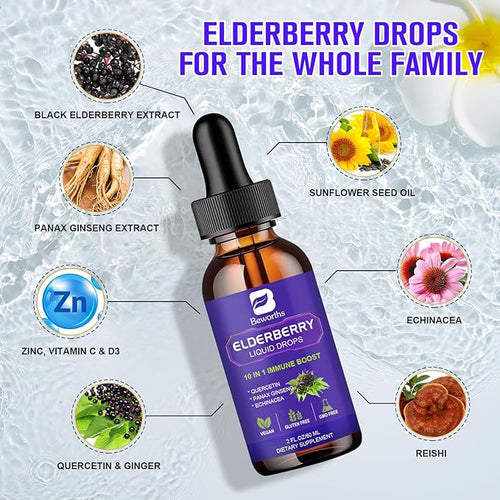 2 Pack Elderberry Syrup Black Elderberry Drops with Quercetin Panax Ginseng Vitamin C and Zinc Sambucus Elderberry Syrup Liquid for Immune Support Vegan Non-GMO &amp Gluten Free