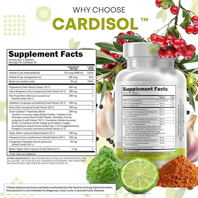 Clean Nutraceuticals Citrus Bergamot Red Yeast Rice Capsules with Plant Sterols - with Hawthorn Extract Olive Leaf Niacin Vitamin K3 D3 COQ10 Guggul &amp More