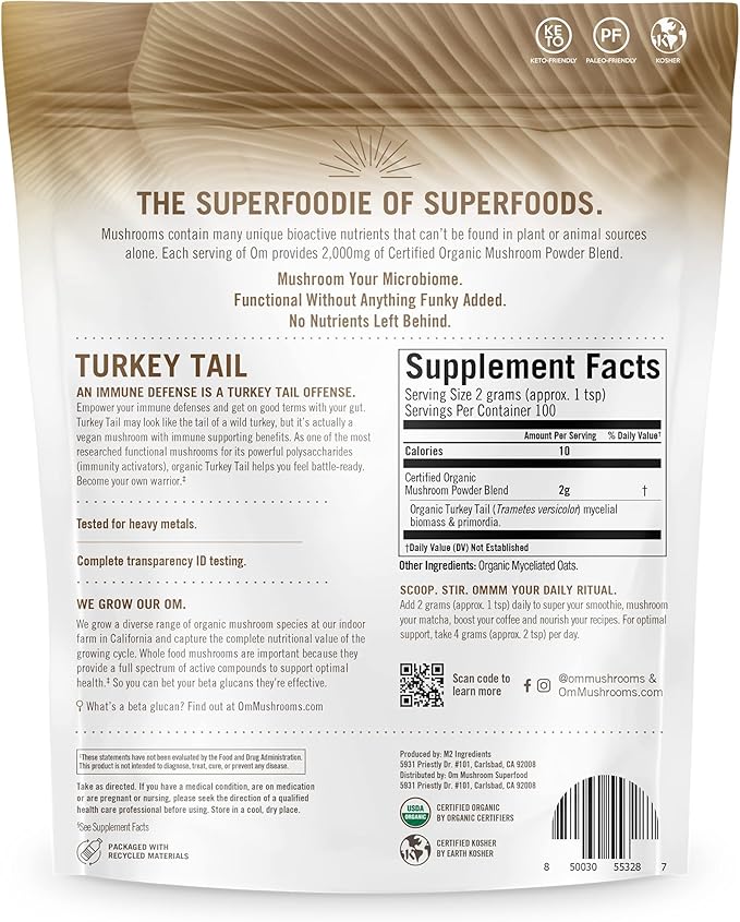 OM MUSHROOM SUPERFOOD Turkey Tail Organic Mushroom Powder Pouch 7.05 Ounce 100 Servings Immune Support Polysacchrides Beta-Glucans Gut Health &amp Holistic Defense Mushroom Supplement