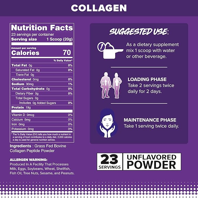 FINAFLEX PURE COLLAGEN Unflavored - 1 lb - Supports Hair Skin Nails &amp Joints - 19g of Grass-Fed Bovine Collagen Peptides Per Serving - 23 Servings