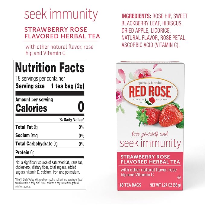 Red Rose Blossoms Strawberry Rose Blossom Herbal Tea with 18 Individually Wrapped Tea Bags Per Box (Pack of 6) Caffeine Free Brew Hot Naturally Flavored Herbal Tea