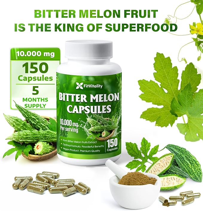 Bitter Melon Capsules| 150 Vegan Capsules| 150 Days Supply| 9000mg per Serving| Bitter Melon Fruit 25:1 Extract| 100% Pure &amp Natural| Gluten-Free Supplement| Ultimate Concentrated