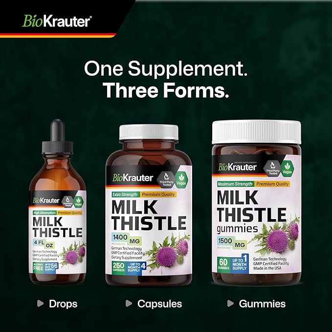 BIO KRAUTER® Milk Thistle Supplement - Liquid Pure Vegan Milk Thistle Extract 680 mg per Serving 4 Fl.Oz 56 Days of Supply - Liver Cleanse &amp Detox Сontains Silymarin - Alcohol &amp Sugar Free