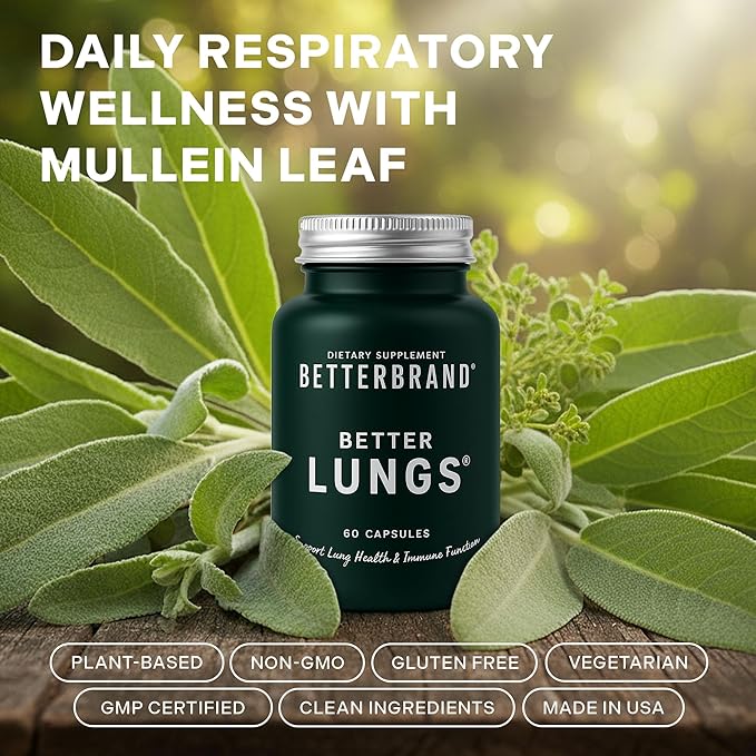 Betterbrand BetterLungs Lung Support Supplement with NAC Mullein Leaf for Smokers Respiratory Health Formula with Elderberry Vitamin D Ginseng Reishi Mushroom - 60 Capsules - Pack of 2