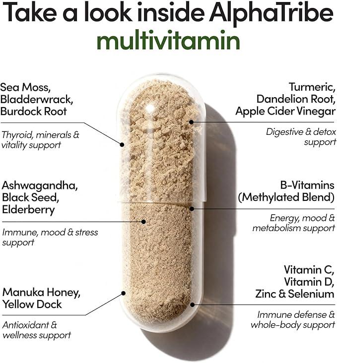 Alpha Tribe Multivitamin for Men with Sea Moss Black Seed Oil Ashwagandha Turmeric Bladderwrack BurdockVitamin C Elderberry Manuka Yellow Dock | Daily Men's Vitamins and Minerals Supplement