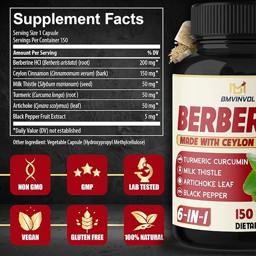 2 Pack Berberine HCl- Plus Ceylon Cinnamon Turmeric Milk Thistle Artichoke Black Pepper Berberine HCI Root Supplements Pills - Immune System