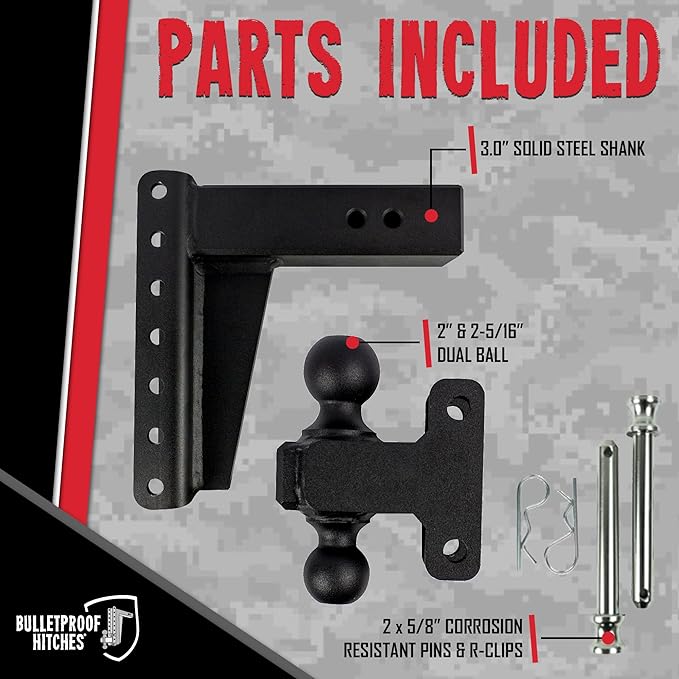 BulletProof Hitches - 3.0 Adjustable Heavy Duty Trailer Hitch (22000 lb. Rating) - 8 Drop/Rise Trailer Hitch with 2 &amp 2-5/16 Dual Ball - Powder Coat Solid Steel Corrosion-Resistant