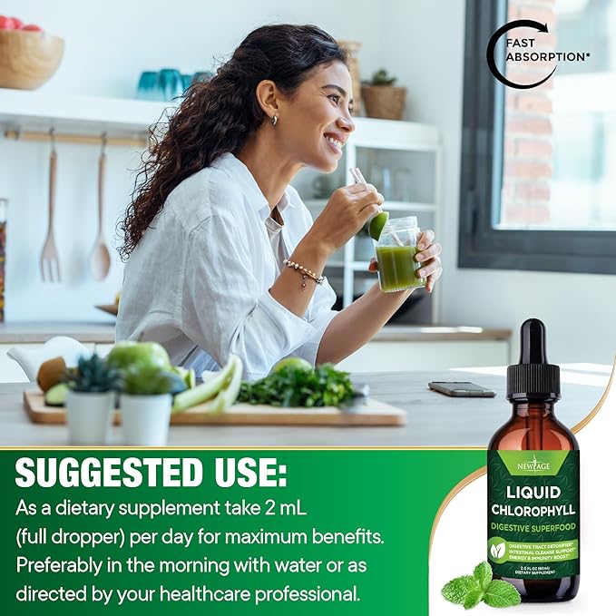NEW AGE Chlorophyll Liquid Drops - Natural Concentrate – Energy Booster Digestion and Immune System Supports Internal Deodorant Liver Function - (2 Fl Oz (Pack of 4))