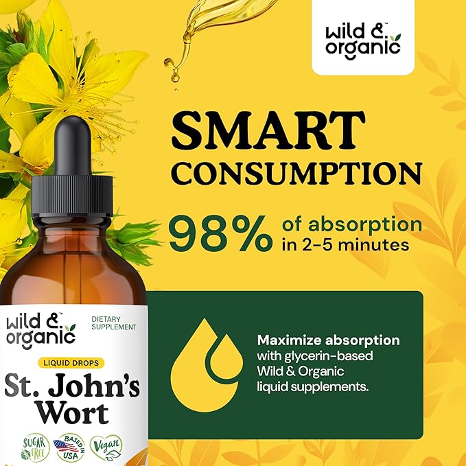Wild &amp Organic St Johns Wort Tincture - Mood Support - Calming St John's Wort Supplement - Hypericum Perforatum Herbal Liquid Drops - Vegan Sugar &amp Alcohol Free - 4 fl oz