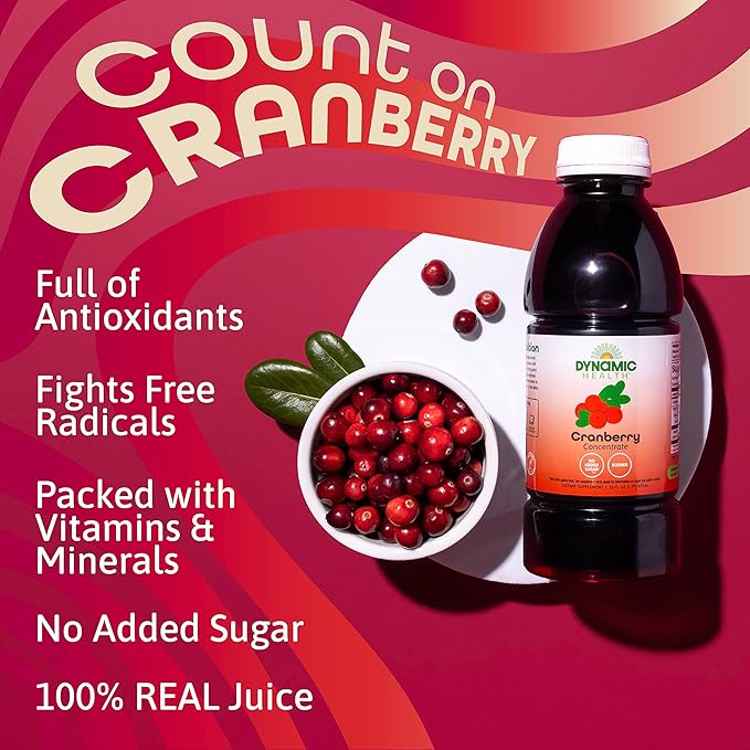 Dynamic Health Pure Cranberry Unsweetened 100% Juice Concentrate Natural Antioxidant Supplement No Additives No Added Sugar No Preservatives 16 Servings 16oz