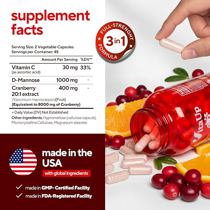 D mannose with Cranberry and Vitamin C - USA Made D-mannose 1000mg Capsules - Cranberry Pills for Urinary Tract &amp Bladder Immune Support - 90 Count