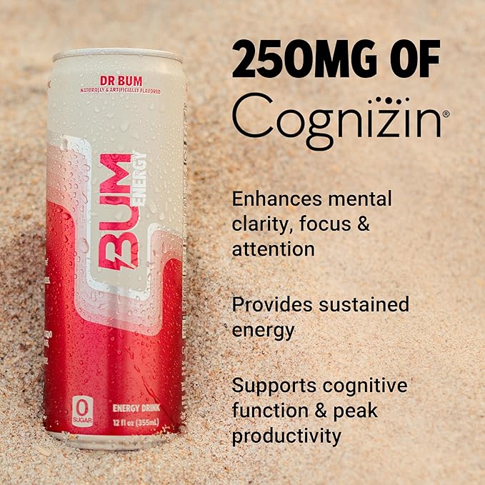 BUM Sugar-Free Energy Drink Dr BUM - Lightly Carbonated &amp No Artificial Colors Natural Caffeine &amp Citicoline for Energy &amp Focus Brain Boost &amp Workout Sports Beverage - 12 oz 12-Pac