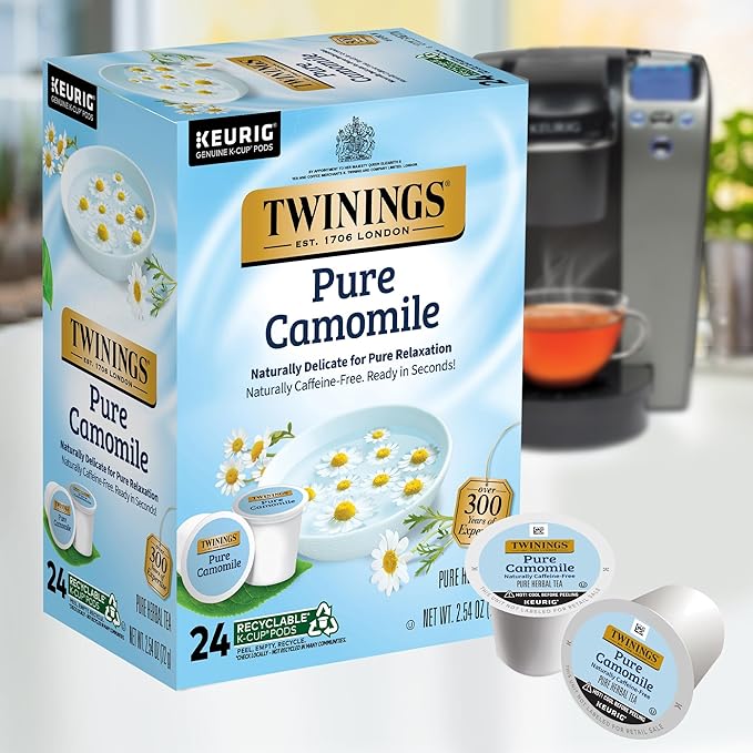 Twinings Pure Camomile Herbal Tea K-Cup Pods for Keurig Naturally Caffeine-Free Made with Pure Camomile Blossoms 24 Count (Pack of 4) Enjoy Hot or Iced