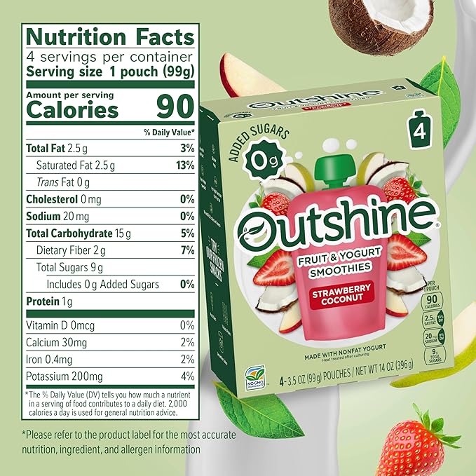 Outshine Smoothie Fruit &amp Yogurt Smoothie Pouches - Strawberry Coconut (24 Pack)