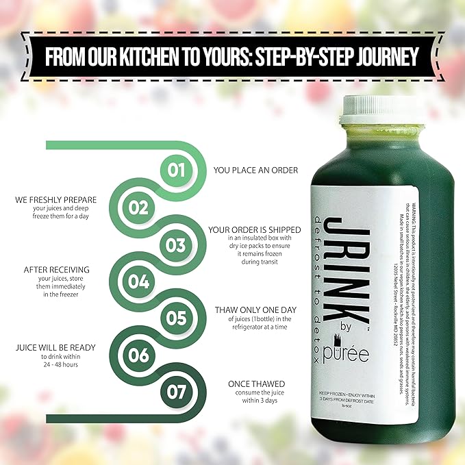 JRINK by Purée Super Green Juice Cold Pressed Organic Vegetable Blend Detox Drink Healthy Raw Greens Juice Cleanse No Preservatives Fresh Detox Cleanse 16oz HDPE Bottles Pack of 18