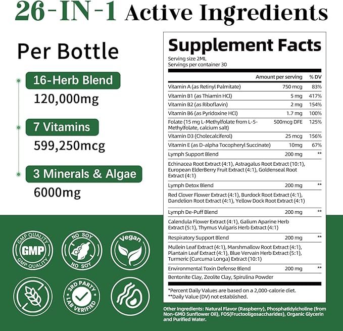 26-in-1 Liposomal Lymphatic Drainage Drops Echinacea Turmeric Elderberry Dandelion Vitamins and Mullein Drops for Lungs Lymphatic Immune Support Liver Cleanse Detox &amp Repair 2 fl oz