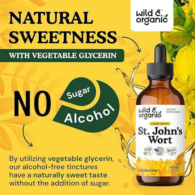 Wild &amp Organic St Johns Wort Tincture - Mood Support - Calming St John's Wort Supplement - Hypericum Perforatum Herbal Liquid Drops - Vegan Sugar &amp Alcohol Free - 4 fl oz