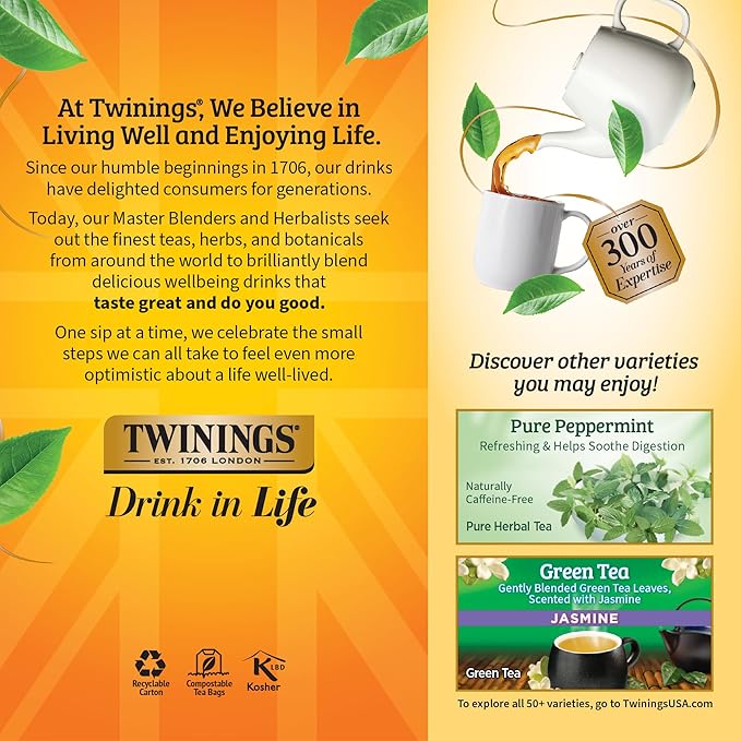 Twinings Lemon &amp Ginger Herbal Tea Individually Wrapped Bags 25 Count (Pack of 6) Spicy Ginger Lemon Peel &amp Lemongrass Naturally Caffeine-Free Enjoy Hot or Iced 150 Teabags