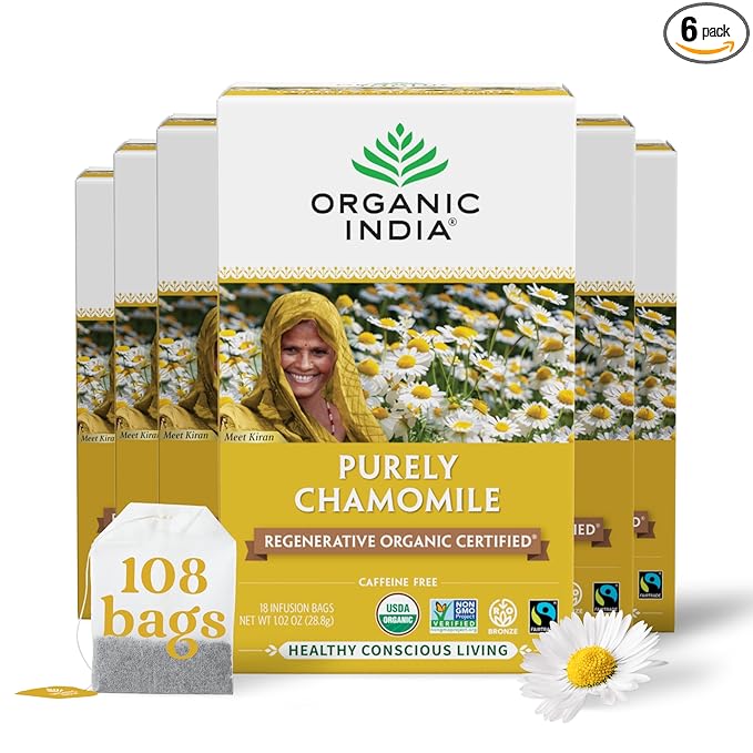 Organic India Purely Chamomile Tea - Regenerative Organic Pure Chamomile Flowers Caffeine Free Calming &amp Relaxing Herbal Tea Natural Support for Sleep &amp Relaxation - 18 Tea Bags Pack of 6