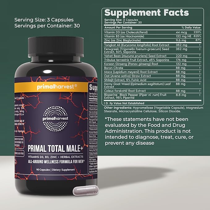 Primal Harvest Total Male+ Multivitamin for Men Vitamins Minerals and Herbal Support for Energy Vitality Immune Health and Performance (1 Pack (90 Count))