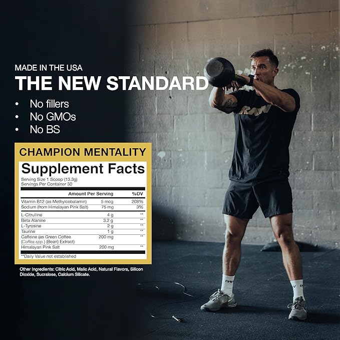 RAW Essential Pre-Workout Powder (Champion Mentality) - Chris Bumstead Sports Nutrition Supplement for Men &amp Women - Preworkout Energy Powder with Caffeine L-Citrulline L-Tyrosine &amp Beta Ala