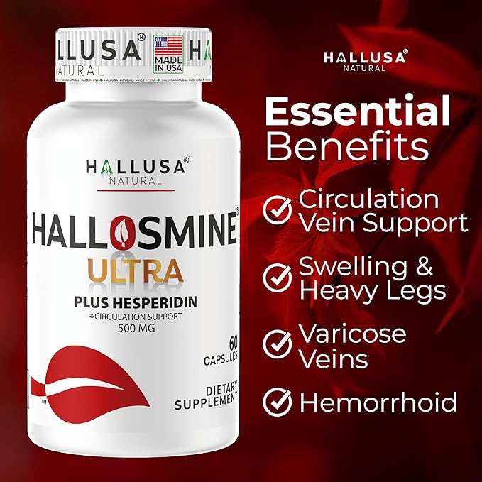 Hallusa Natural Hallosmine Ultra Diosmin 500mg &amp Hesperidin 150mg – Heavy Legs Swelling &amp Vein - Blood Circulation Supplements 60 Caps