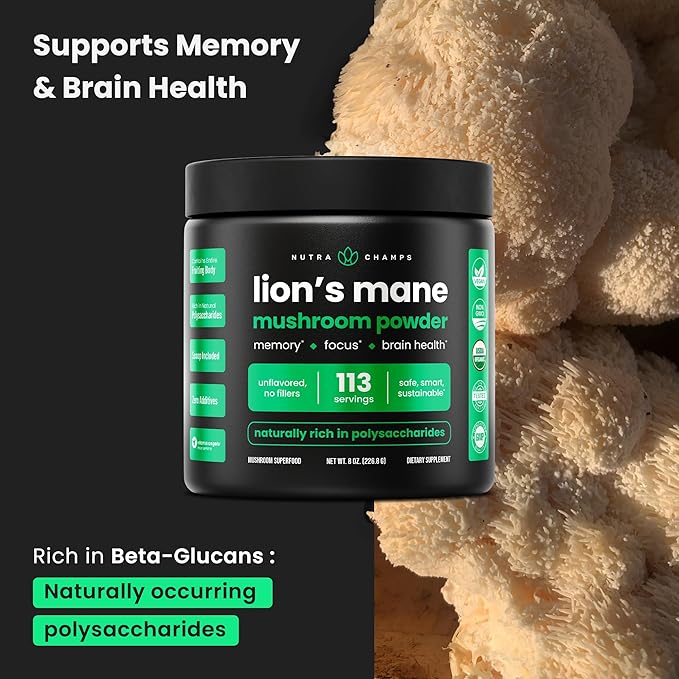 NutraChamps Organic Lions Mane Powder - 2000mg Powerful Nootropic for Memory Focus Immune Support - Vegan Lion’s Mane Mushroom Powder Supplement with Naturally Occurring Beta-Glucans - 8oz