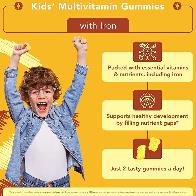 Picky Eater Kids Multivitamin Gummies with Iron - Sugar Free Chewable Iron Supplement for Toddlers &amp Children 3 &amp Up - Essential Kids Vitamins for Growth &amp Development