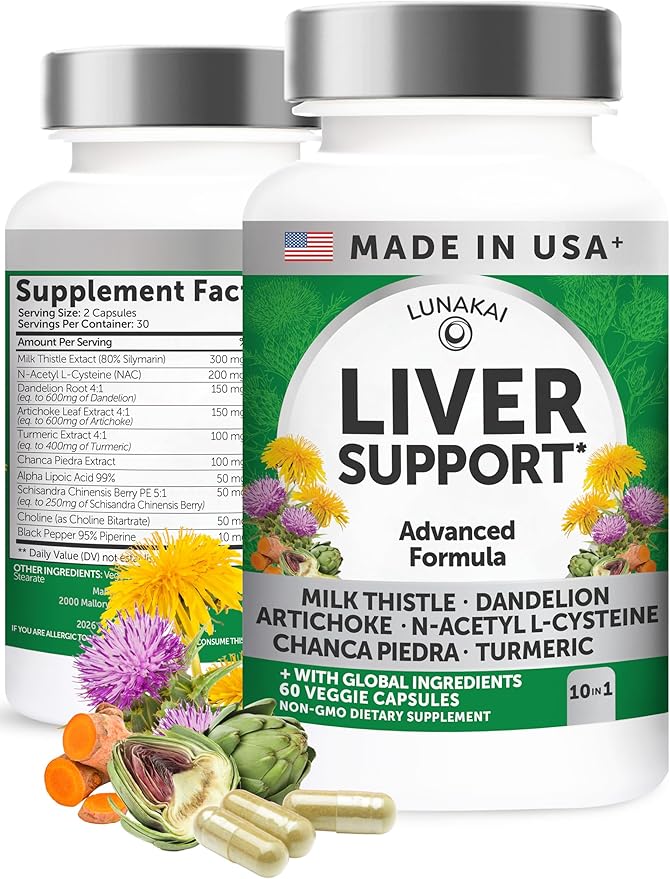 Lunakai USA Made Liver Cleanse Detox &amp Repair - 10-in-1 with Milk Thistle &amp NAC – Liver Support Supplement Capsules for Men &amp Women Daily Health Non-GMO 60ct