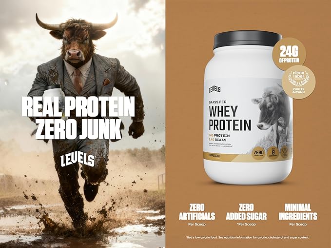 Levels Grass Fed Whey Protein Powder No Artificials 24G of Protein Cappuccino 2LB