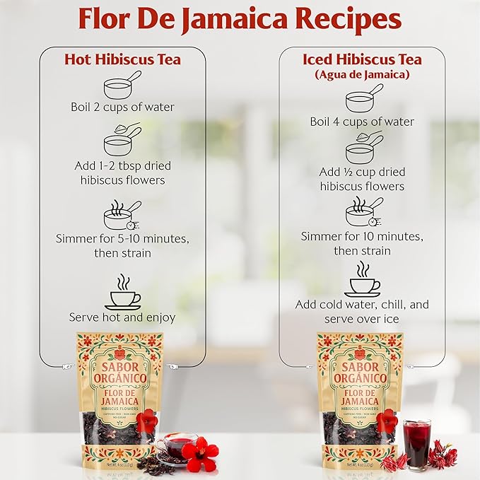 2LB Whole Dried Hibiscus Flowers (Flor de Jamaica) for Hibiscus Tea &amp Mexican Agua Fresca | Natural Non-GMO No Preservatives | Includes Resealable 1lb Stand-Up Pouches | Sabor Orgánico
