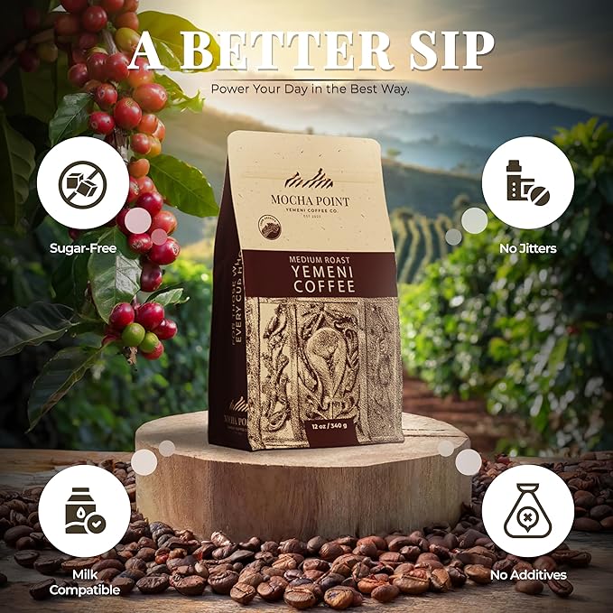Mocha Point Medium Roast Yemeni Coffee – 100% Arabica Beans from Yemen – Rich Smooth and Balanced Flavor – Small-Batch Roasted for Freshness – No Additives – 12 oz / 340g Bag