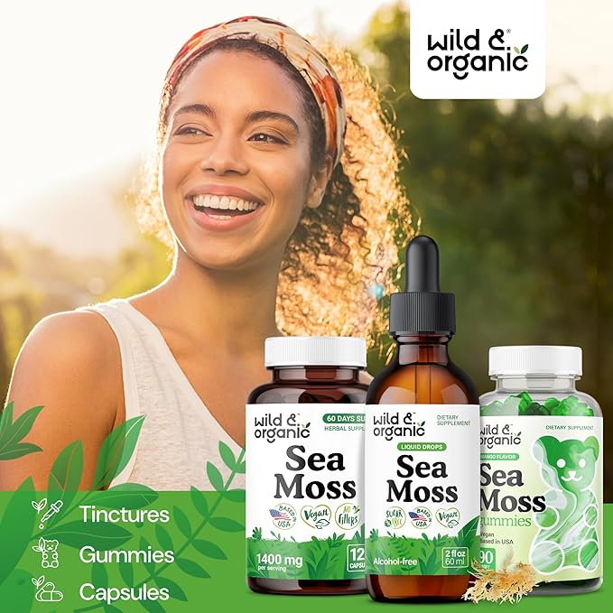 Wild &amp Organic Sea Moss Liquid Drops - Immune Support - Irish Sea Moss and Bladderwrack Tincture - Multimineral Chondrus Crispus Supplement - Vegan Sugar &amp Alcohol-Free - 2 fl oz