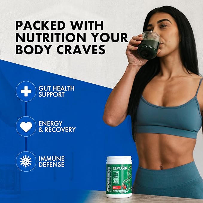 Evogen Evogreens - Super Greens Powder | Promotes Recovery Wellness &amp Immune Health | Greens Superfood Powder with Spirulina Probiotics Pomanox Pomegranate Extract | Berry | 30 Servings