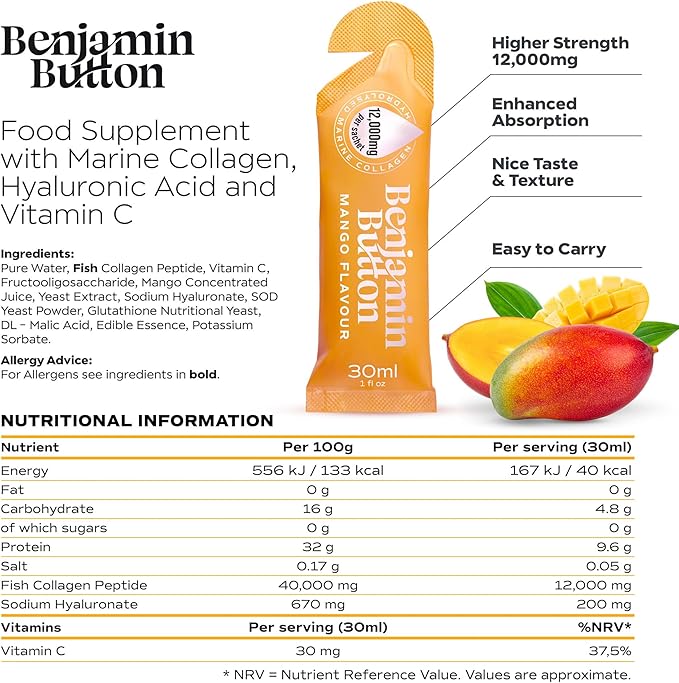 12000mg Marine Collagen Liquid Shots| High Strength Hydrolyzed Marine Collagen Peptides w/Hyaluronic Acid &amp Vitamin C for Skin Hair &amp Joints | Mango 14 Daily Servings 30ml