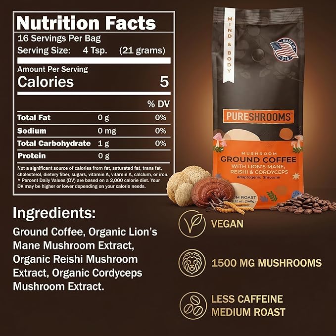 PureShrooms Mind &amp Body Ground Mushroom Coffee – Focus Energy &amp Mood Support – Premium Arabica with Organic Lion’s Mane Reishi &amp Cordyceps – Low Acidity Jitter-Free Medium Roast – 340g
