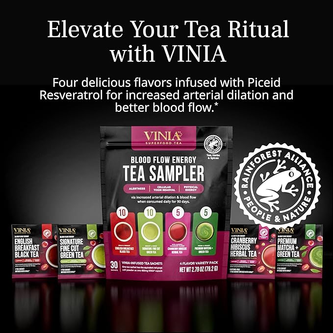 VINIA Tea Bags Sampler 4 Flavor Variety Pack. Made with Organic Teas Infused with Piceid Resveratrol for Heart Health Nitric Oxide Physical Energy Alertness Blood Flow Keto Kosher NON-GMO. 30