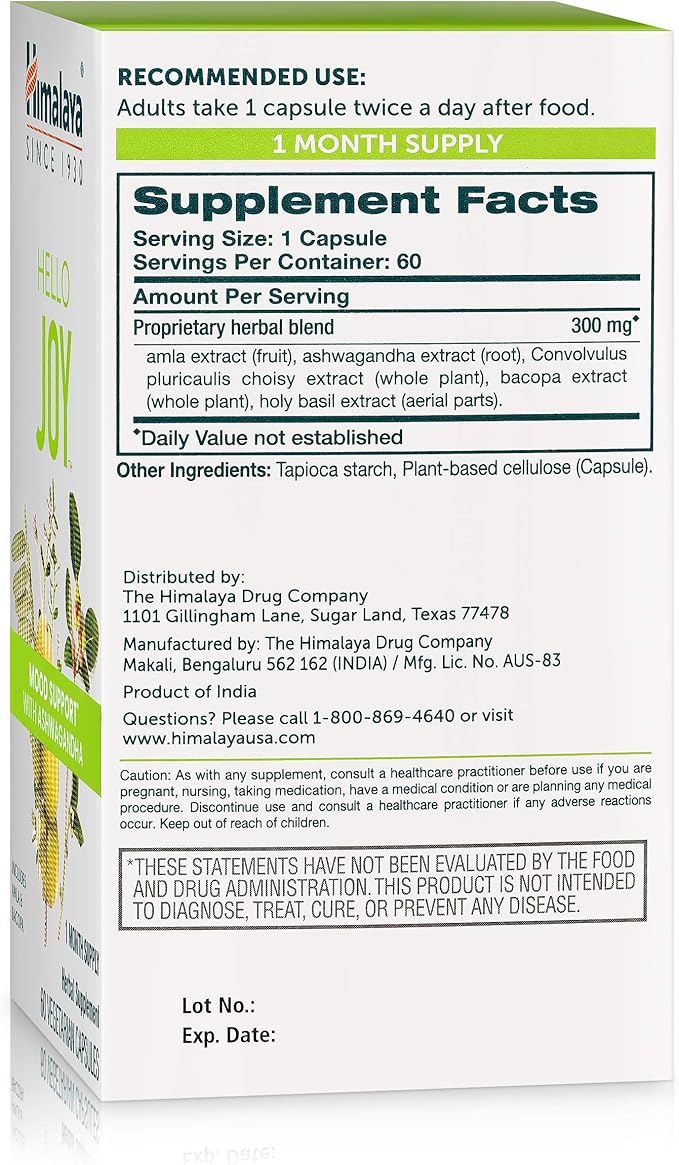 Himalaya Hello Joy Herbal Supplement with Ashwagandha Amla Bacopa Holy Basil/Tulsi Positive Outlook Supports Motivation Stress Relief Balanced Cortisol Non-GMO Vegan 60 Capsules
