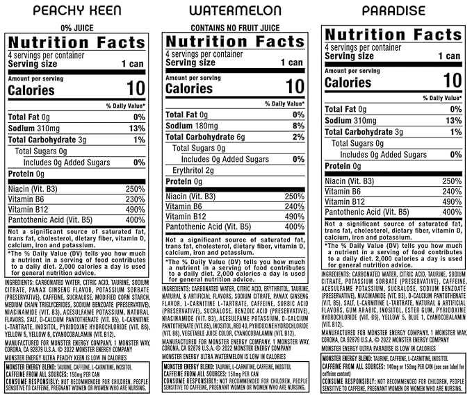 Monster Ultra Variety Pack Ultra Watermelon + Ultra Paradise + Ultra Peachy Keen 16 fl oz Pack of 12