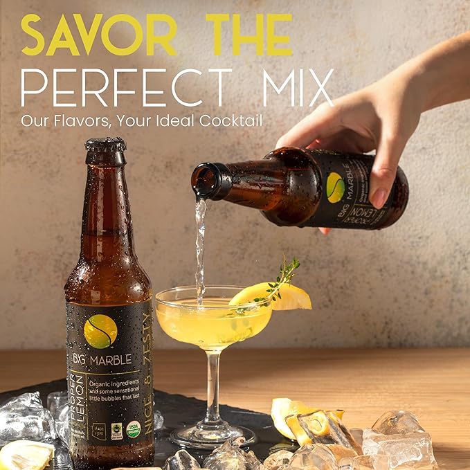 Big Marble Organic Proper Lemon Premium Non-Alcoholic Low Sugar Zesty Citrus Fair Trade Certified Real Lemon No Artificial Sweeteners/Colors for Cocktails &amp Mocktails - 12 Pack 355ml (12 F