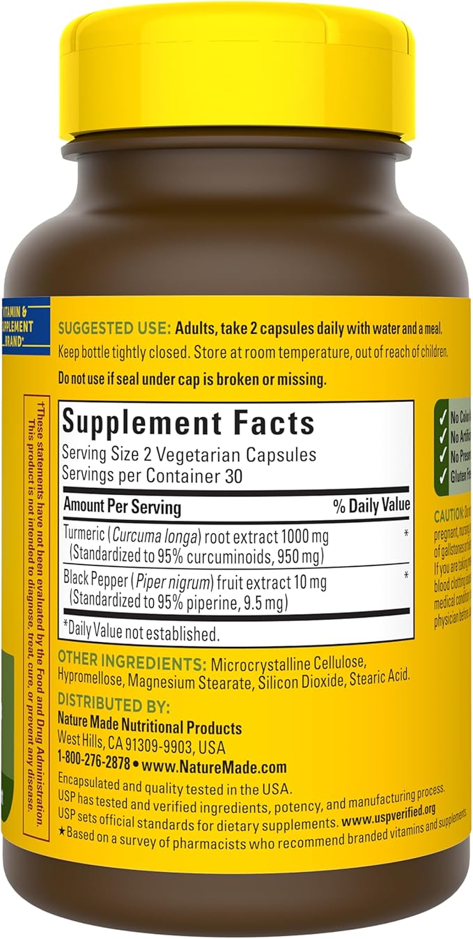 Nature Made Extra Strength Turmeric Curcumin with Black Pepper 1000mg Turmeric Extract per serving (Standardized to 95% Curcuminoids) Supports Healthy Inflammation Response 60 Vegetarian Capsules