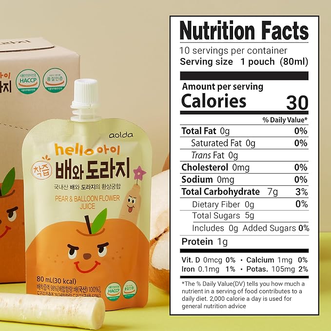 Korean Pear and Bellflower Root Juice [ 배도라지즙 ] All Natural Juice For Kids 2.7 Fl Oz Bags (Pack of 20)